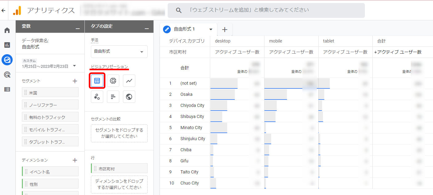 GA4 探索レポート テンプレート テーブル