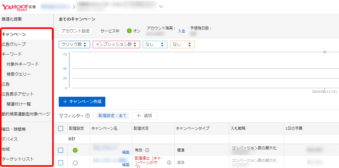 Yahoo!広告 ヤフー広告 管理画面 見方 基本 キャンペーン