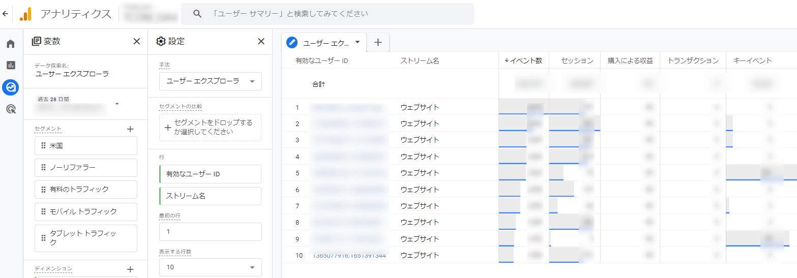 Googleアナリティクス4 GA4 レポート 探索 ユーザーエクスプローラー